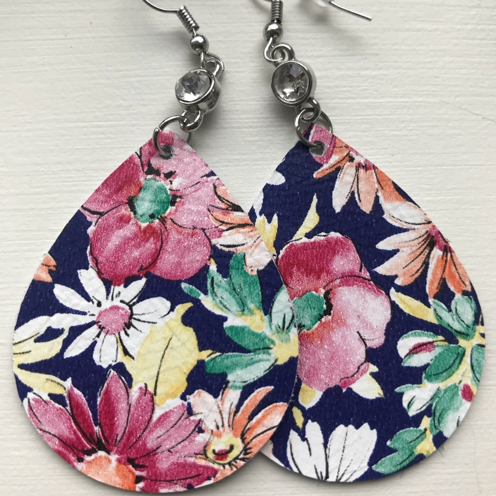Navy, floral patterned BLING leather earrings